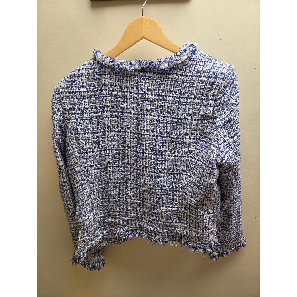 Carolina Belle Montreal Women‎ XL Blue White Tweed Fringe Trim Open Front Jacket - Picture 4 of 4